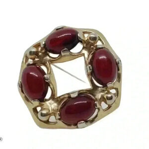 Vintage Brooch 10k Gold Filled Cherry Red Art Glass Cabochon Mod MCM